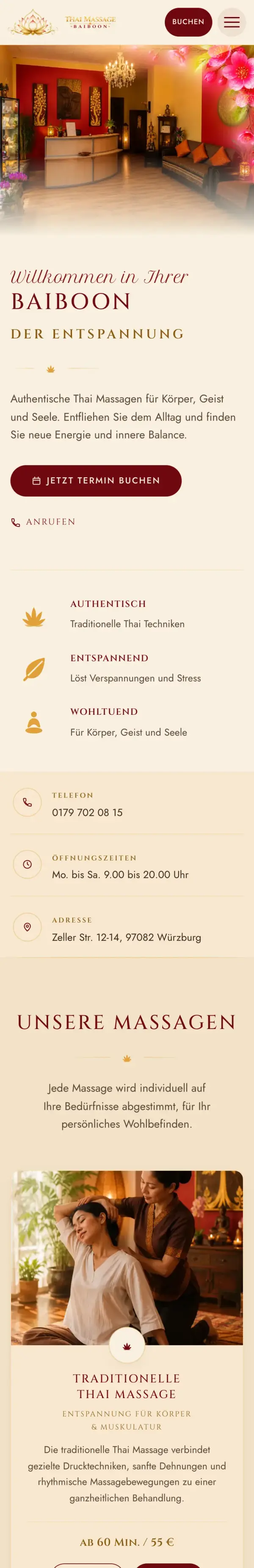 Home page of Baiboon Thaimassage on a phone