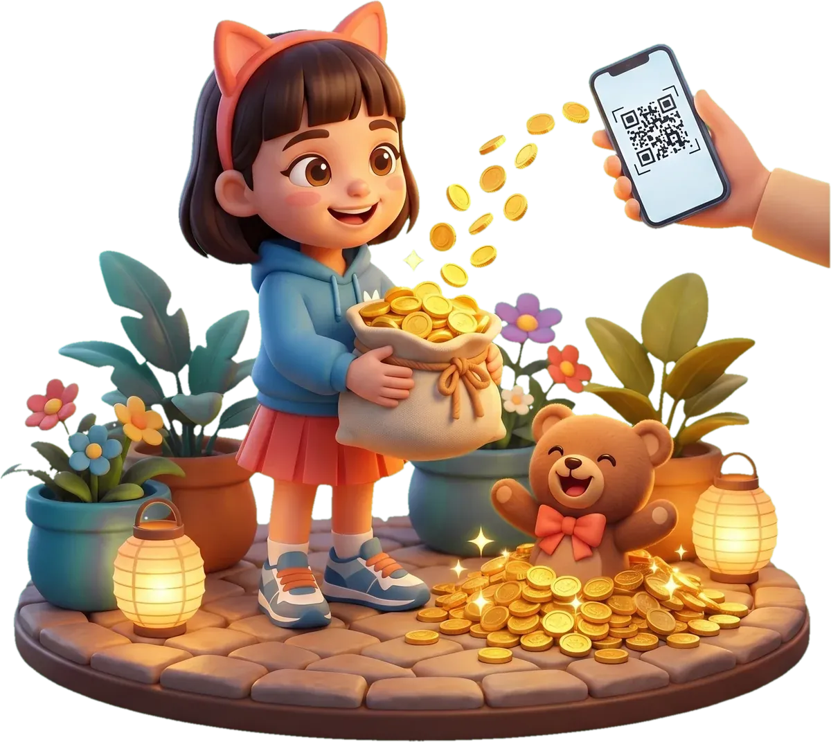 A customer paying MinMin directly by QR, all the gold coins flowing into her bag