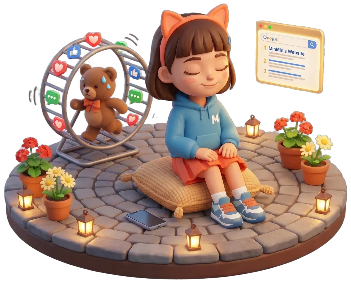 MinMin relaxing with her phone down while Pi Bear runs on a hamster wheel of social posts, her website still ranking number one on Google