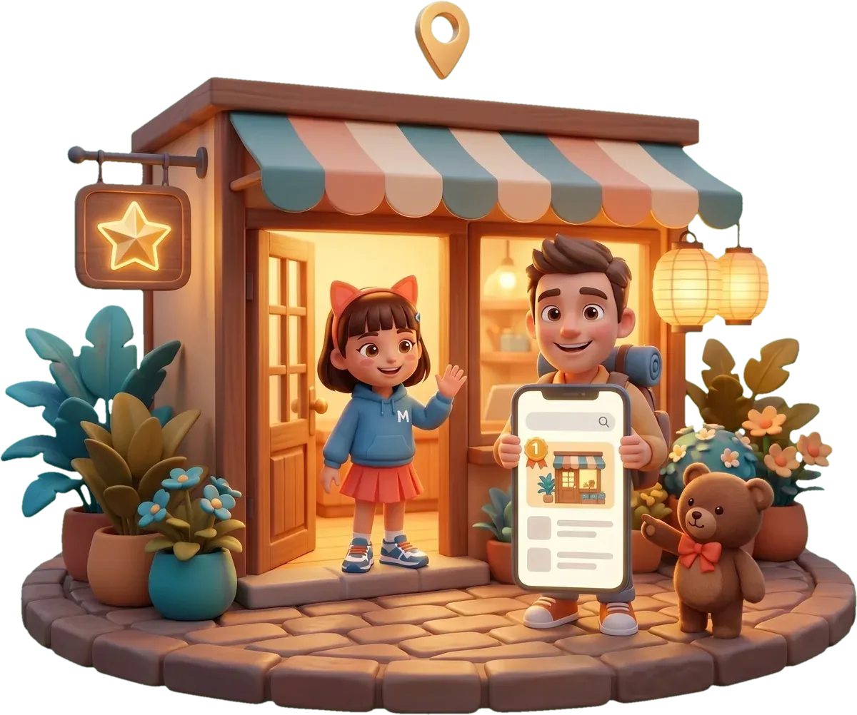 MinMin waving at her shop while a tourist finds her as the number 1 search result