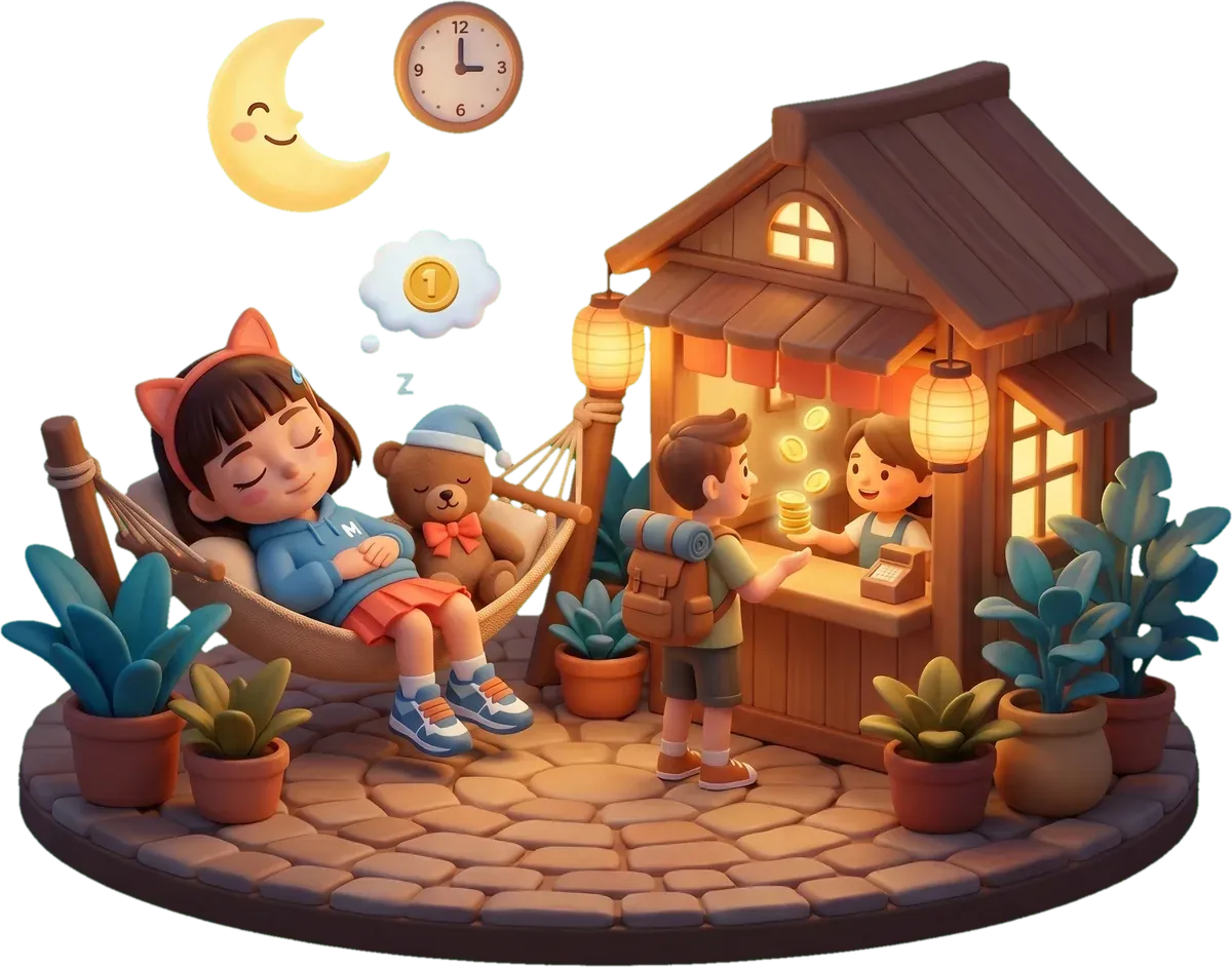 MinMin and Pi Bear asleep while her shop serves a late-night tourist