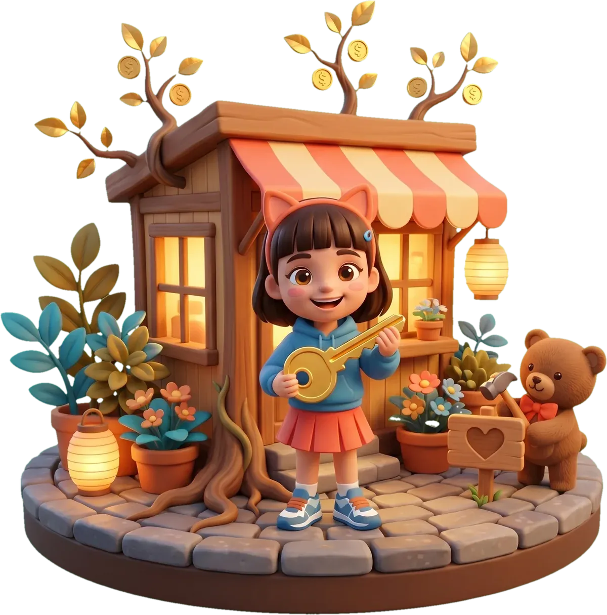 MinMin holding the key to her own rooted shop that grows golden coins