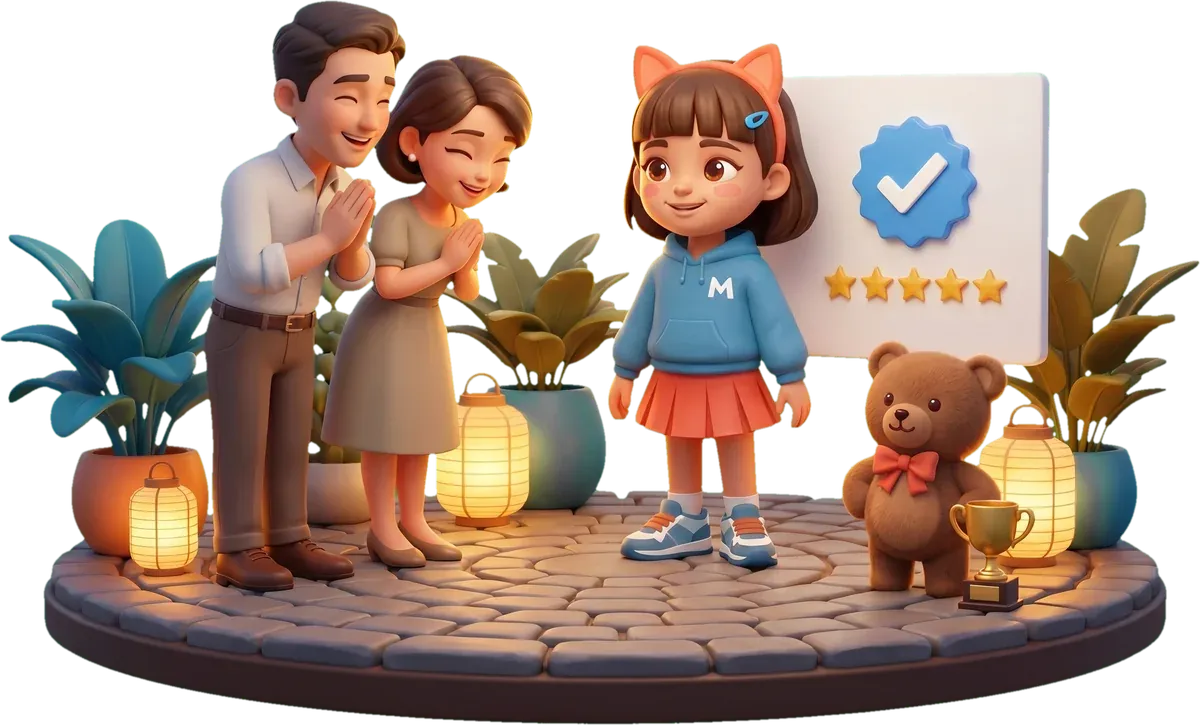 Customers giving MinMin a respectful wai in front of her verified five-star website